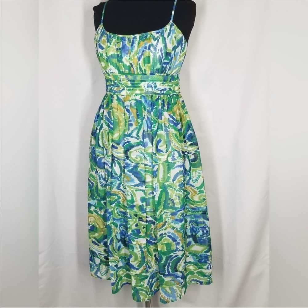 Jones New York tea length dress Sz 6 Green blue watercolor ikat paisley print